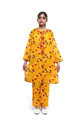 Plum Fine Lawn Mustard Colour Printed Red Orange Flowers Embroidered Red threads On 2 pc suit For Girls.